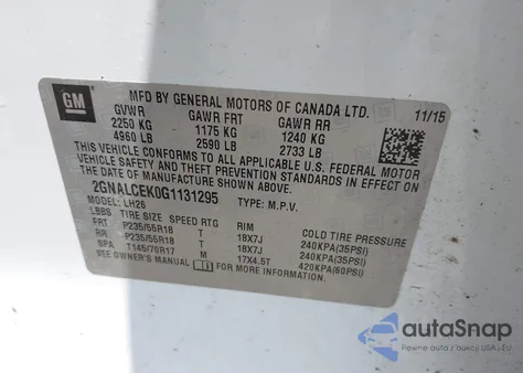 2016 Chevrolet Equinox Lt из США, поврежденный, VIN 2GNALCEK0G1131295